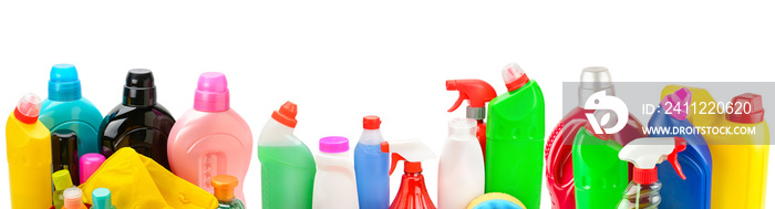 A set of items household chemicals isolated on a white background. Collage. Wide photo.