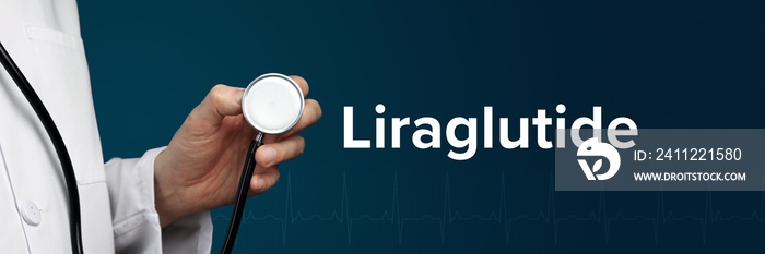 Liraglutide. Doctor in smock holds stethoscope. The word Liraglutide is next to it. Symbol of medicine, illness, health