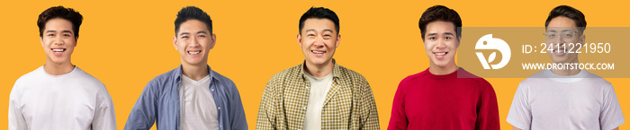 Set of cool asian men smiling over yellow background, collage