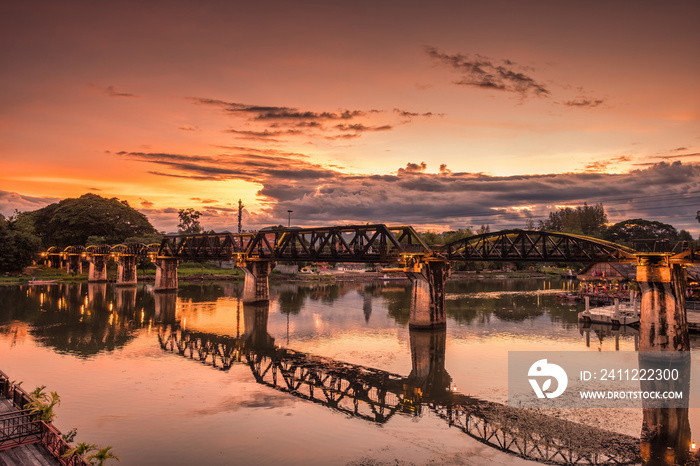 Sunset sky over death railway bridge over river kwai at Kanchanaburi, Thailand