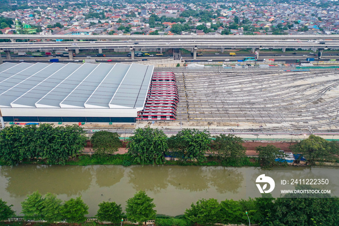 Aerial view of Jakarta LRT train trial run for phase 1 from Bekasi