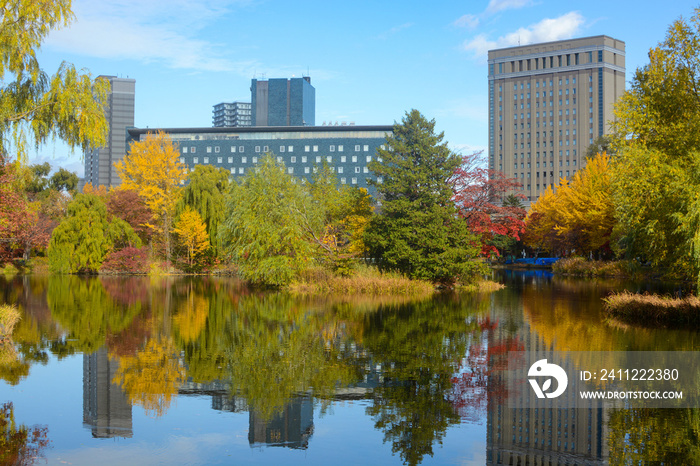 Colorful yellow and red autumn foliage reflections in a lake at Nakajima Park in Sapporo, Japan