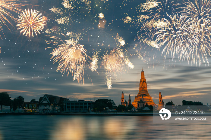 Wat Arun temple in bangkok with fireworks. New year and holiday concept.