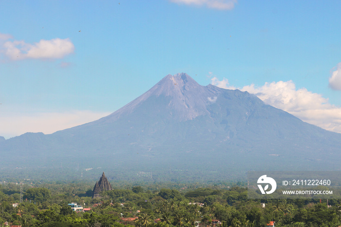 Mount Merapi in Yogyakarta, Indonesia Volcano Landscape View with Prambanan Temple in view