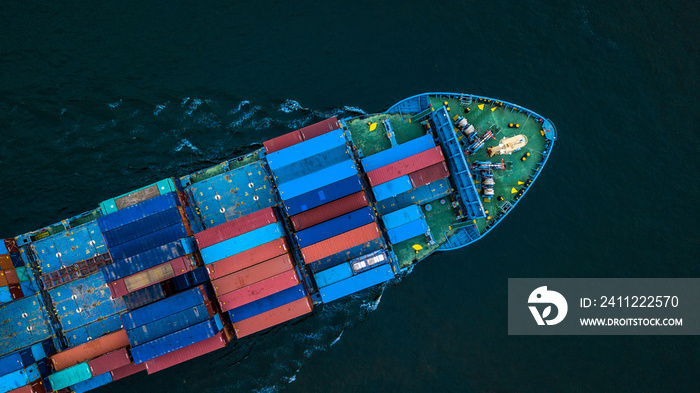 Aerial view from drone, container ship or cargo ship in import export and business logistic.