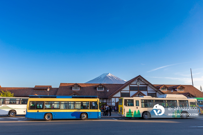 Mt Fuji and old train on the railway station in Fuji kawaguchiko, Japan