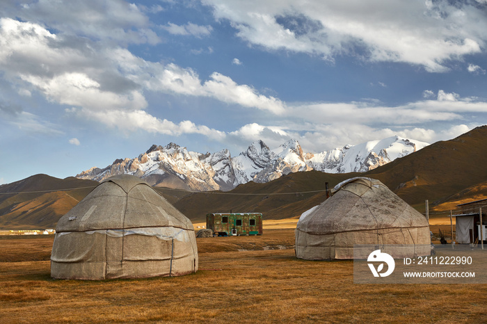 Yurt nomadic houses at mountains