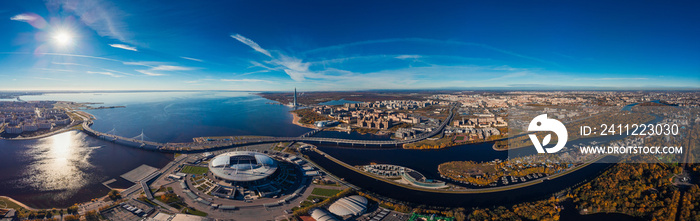 Skyscraper Gulf Finland. Autumn Park area. Residential complex. Stadium Zenit Arena. Top view air drone.