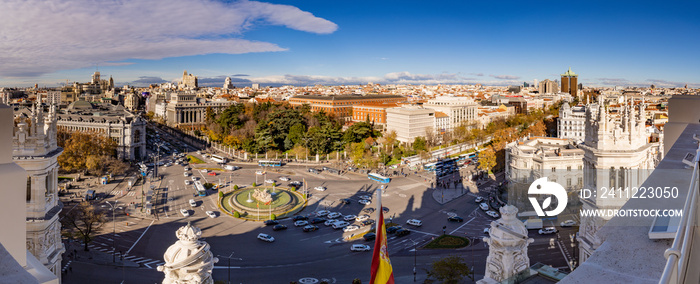 Aerial and panorama view of Cibeles fountain at Plaza de Cibeles. Cibeles Fountain is an iconic place of Madrid City. Spain