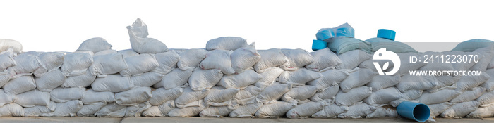 Sand bags stacked isolated on white background, clipping path