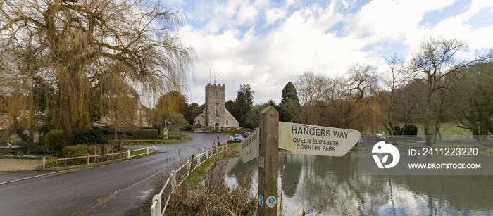 Winter afternoon light on St Mary the Virgin church, Buriton near Petersfield, Hampshire, UK