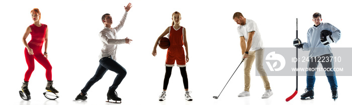 Sport collage. Different kinds of sport games. Male and female players posing isolated on white studio background.