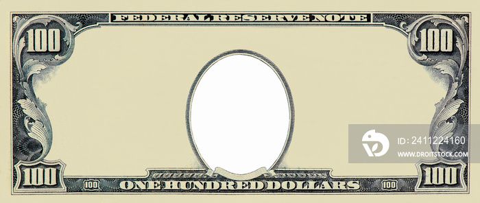 Clear 100 Dollar Banknote pattern, One hundred dollar border with empty middle area, U.S. 100 highly detailed dollar banknote. on a white background.