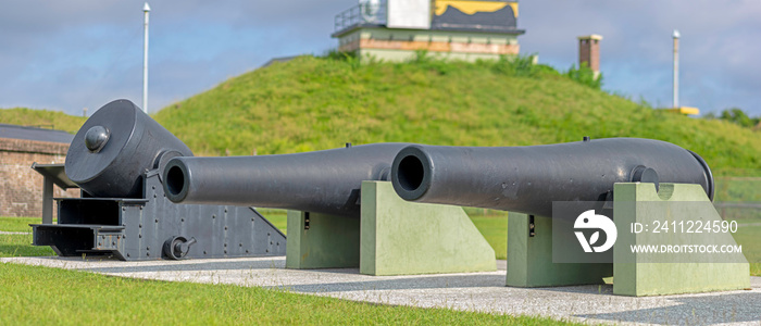 Guns of Fort Moultrie, a 13-inch mortar and two 10-inch Rodman cannons, a national historical park on Sullivan’s Island, SC.