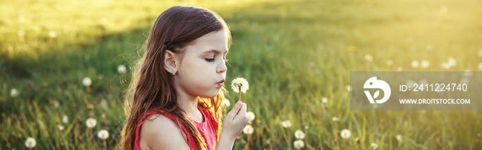 Cute adorable Caucasian girl blowing dandelions. Kid sitting in grass on meadow. Outdoors fun summer seasonal children activity. Child having fun outside. Web banner header.