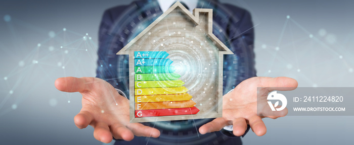 Businessman using 3D rendering energy rating chart in a wooden house