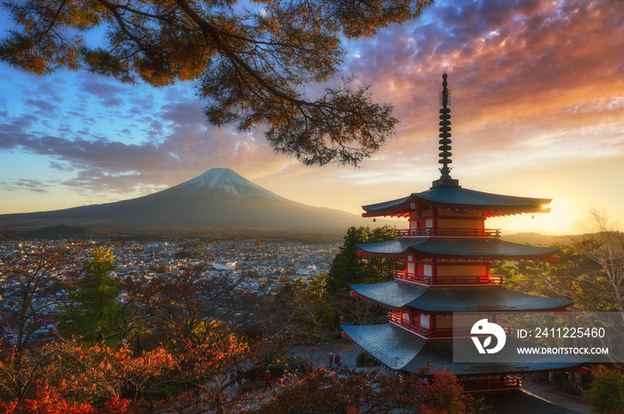 Beautiful Autumn scenery of Red pagoda Chureito the famous tourist attraction in fujinomiya town and Mount Fuji at sunset in Yamanashi prefecture, Japan