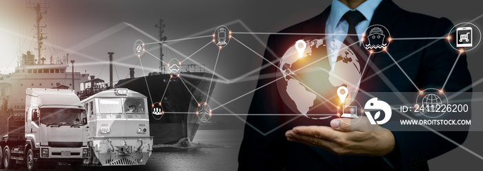 Hand holding worldwide network connection of logistics and cargo distribution commodities in transport and logistics