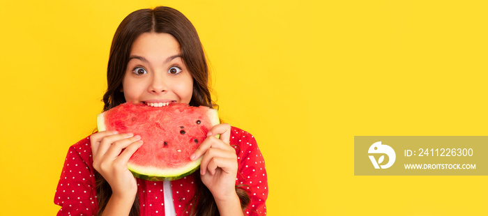 hungry kid with fruit. healthy food for children. fructose healthy eating on summer vacation. Summer girl portrait with watermelon, horizontal poster. Banner header with copy space.