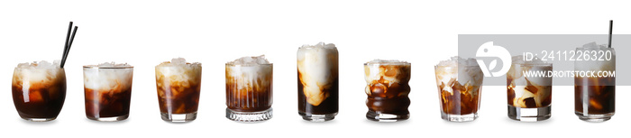 Set of tasty White Russian cocktail isolated on white