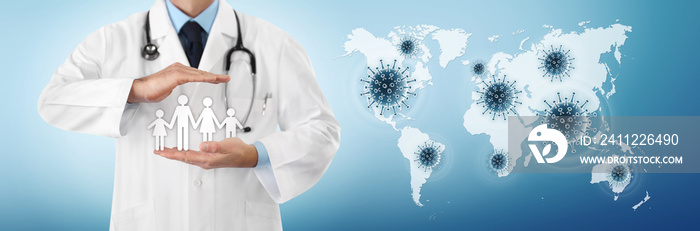 corona virus covid 19 protection concept, doctor hands protect family symbol with covid icons on the world map in the blue background, copy space and web banner template