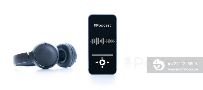 Podcast background. Mobile smartphone screen with podcast application, sound headphones. Audio voice with radio microphone on white. Recording studio or podcasting banner with copy space.