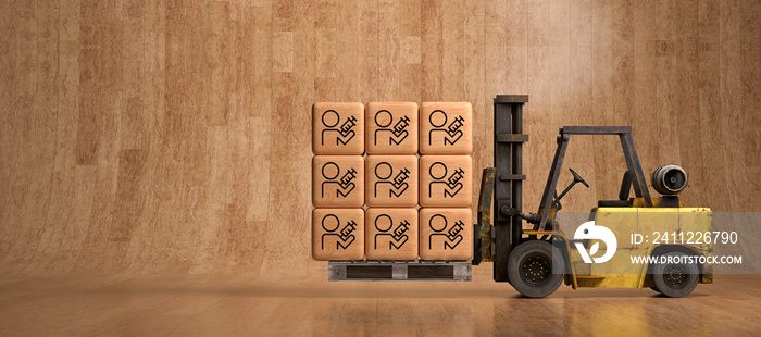 forklift with wooden boxes and vaccination icons in front of wooden background