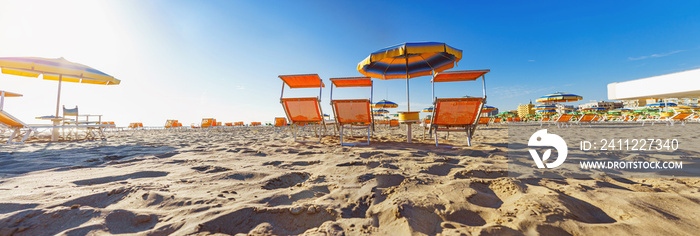 sun loungers on the largest beach in Rimini, Italy. Great Panorama