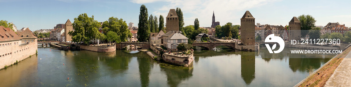 Panoramic view of medieval bridge Ponts Couverts from the Barrage Vauban in Strasbourg. France