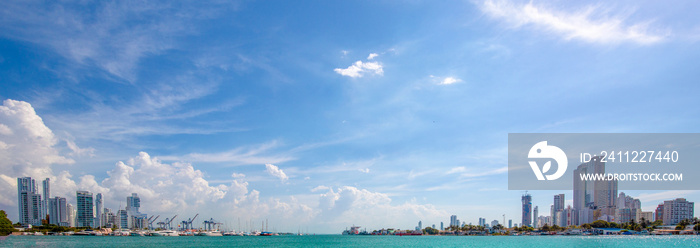 Colombia, wide-angle view of scenic Cartagena bay (Bocagrande) and panoramic city skyline.