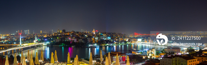 Istanbul Bosphorus sunset amazing landscape from Suleymaniye in evening. silhouette of steamship,dome, mosque and bridge at perfect sunset.