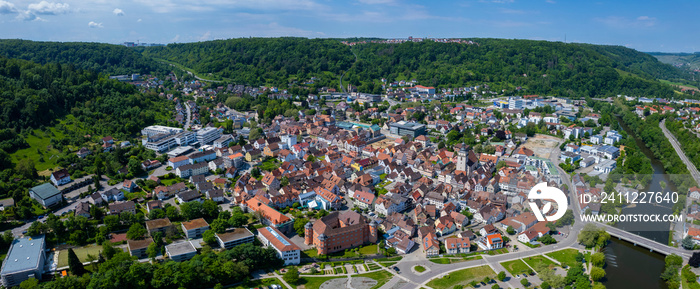 Aerial view of the city Künzelsau in Germany. On a sunny morning in spring.