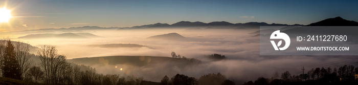 panoramic view ground fog in area named  Steirisches Almenland  near Semriach in Styria, Austria