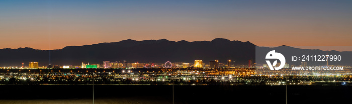 Dusk high angle view of the skyline of Las Vegas