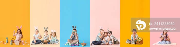 Set of happy little children with bunny ears, painted eggs and spring flowers on colorful background