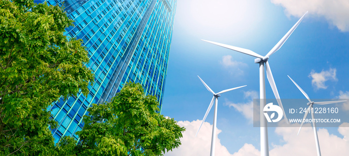 Modern high-rise buildings are powered by wind turbines. and the fresh air from the trees