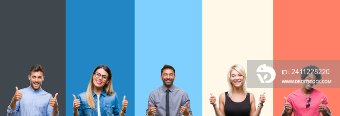 Collage of group of young people over colorful vintage isolated background success sign doing positive gesture with hand, thumbs up smiling and happy. Looking at the camera with cheerful expression