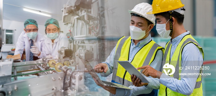 Double exposure, teamwork engineer in uniform wear protection mask brainstorming with worker inspector checking quality and machine production hygienic mask. face mask manufacturing factory.