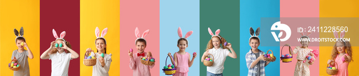 Set of cute children with bunny ears and Easter eggs on colorful background