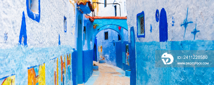 Panorama view from the street of the blue town Chefchaouen, Morocco.