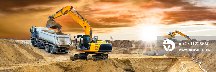 excavator is working and digging at construction site