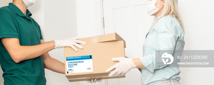 Attractive positive blond lab assistant carrying box with vaccines for Covid 19. on a white background