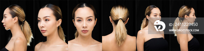 Asian Woman after applying make up hair style. no retouch, fresh face with acne, lips, eyes, cheek, nice smooth skin. Studio lighting dark background, for aesthetics therapy treatment