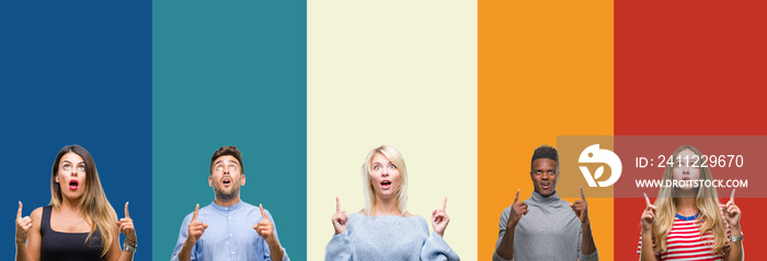 Collage of group of young people over colorful vintage isolated background amazed and surprised looking up and pointing with fingers and raised arms.