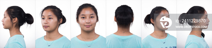 Collage group pack of Asian Woman before applying make up hair style. no retouch, fresh face with acne, lips, cheek, smooth skin. Studio lighting white background, for aesthetics therapy treatment