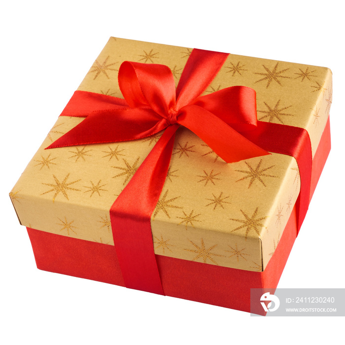 Red gift or present box with golden colored top and red ribbon bow isolated on white background