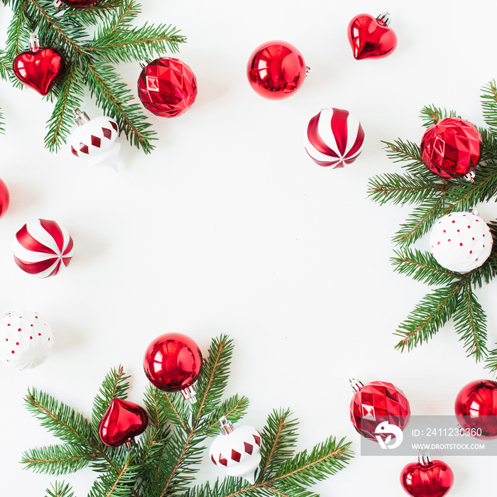 Christmas / New Year holiday composition. Mock up frame with blank copy space. Fir needle branches, 