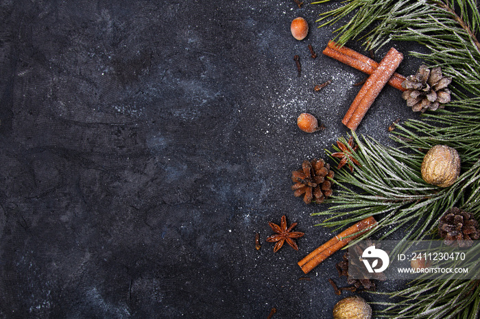 Beautiful Christmas Background with copy space for your text. Pine branch, cones, cinnamon, nuts cov