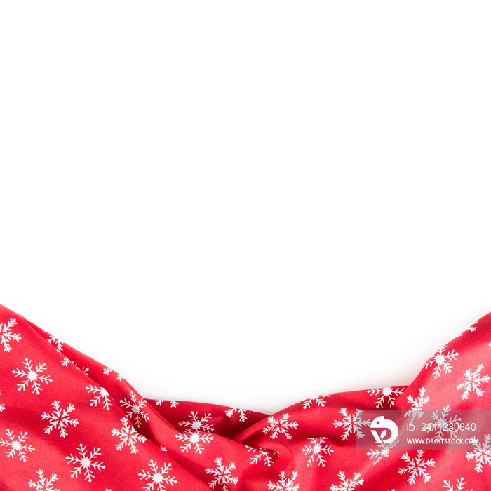 Cristmas red tablecloth with snowflakes isolated on white background - Top of view