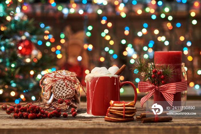 Christmas coffee. Red Christmas cup with marshmallows. Rustic cup with coffee.  Cup of hot cocoa wit